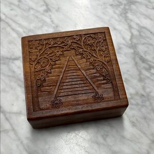 Handcrafted Wooden Mayan Temple Steps and Flora Carved Image Stash Jewelry Box